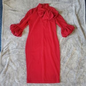 SHEIN Vibrant Red Long Sleeve Dress with Statement Bow